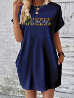 Vestido holgado de verano para mujer, estampado de letras GUEESS Los Ángeles, cuello redondo, manga corta, bolsillo, cómodo, informal, de talla grande - details 4