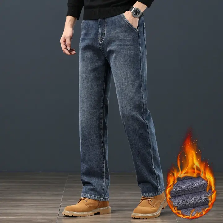 Jeans de Pierna Recta de Invierno para Hombres Cintura Alta, Ajuste Suelto, Cálido con Cinturón Elástico - 1