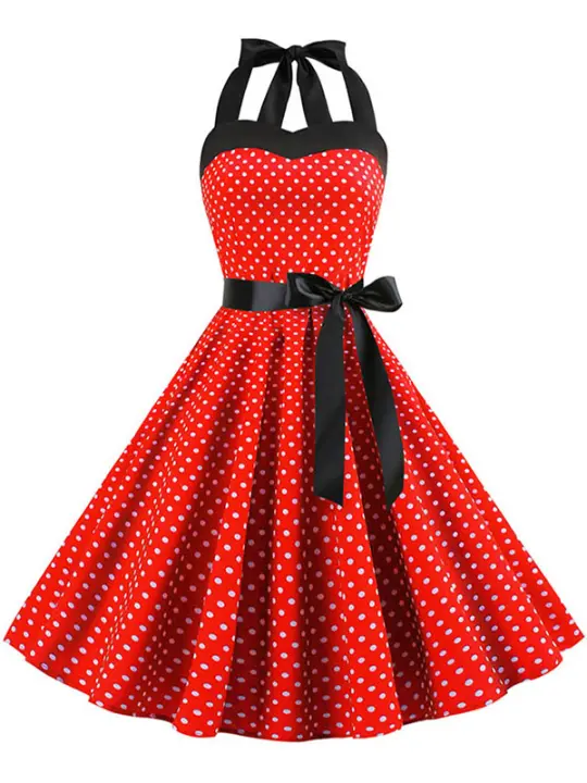 Nuevo 2025 Vintage mujer verano dibujo de lunares Halter vestidos de fiesta - 1