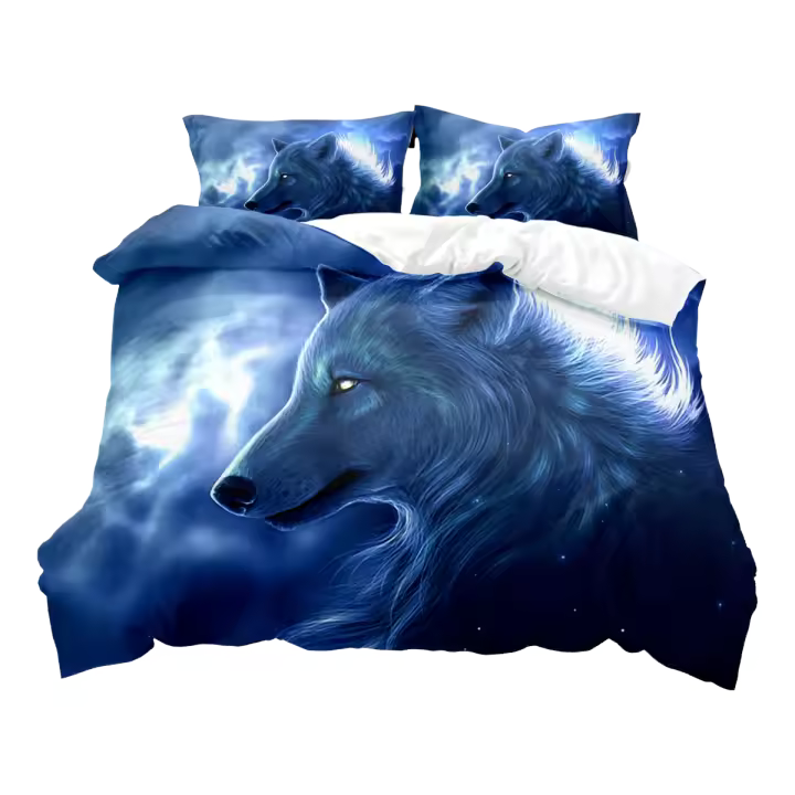 Juego de funda nórdica de lobo para niños, tamaño Queen, Boho, lobo, vida silvestre, bosque, rey, juego de cama de animales, funda de edredón de poliéster con funda de almohada - 1