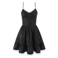Estilo retro francés verano Spice Girl vacaciones princesa viento malla empalme jacquard liguero vestido cintura delgada falda negra. - details 1
