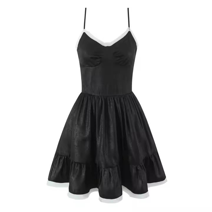 Estilo retro francés verano Spice Girl vacaciones princesa viento malla empalme jacquard liguero vestido cintura delgada falda negra. - 1