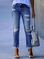 Pantalones vaqueros ajustados recortados con dobladillo crudo rasgados, pantalones ajustados de cintura alta, ropa de mezclilla para mujer - details 11