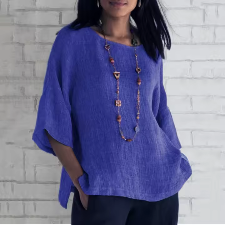 Blusa De Lino Y Algodón Para Mujer Estilo Casual Cuello En V Manga Tres Cuartos Suelta Ropa De Verano Tops Para Calle - 1