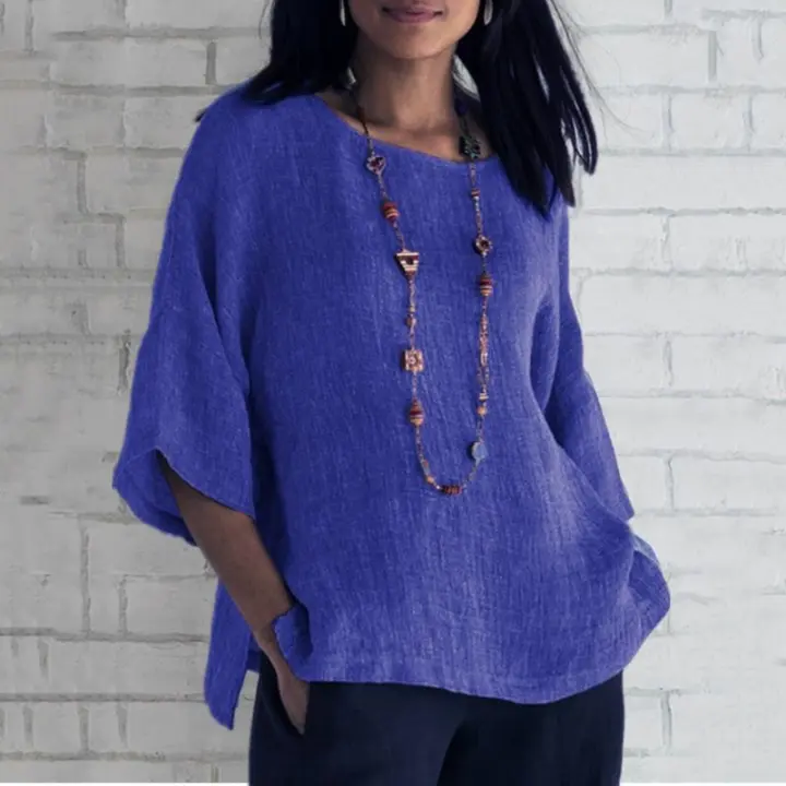 Blusa De Lino Y Algodón Para Mujer Estilo Casual Cuello En V Manga Tres Cuartos Suelta Ropa De Verano Tops Para Calle - 1