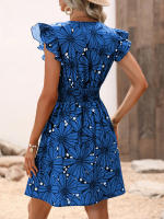 Vestido corto informal con estampado Floral para mujer, minivestido de calle con manga con volantes, color azul S - details 7