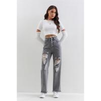 Vaqueros informales rasgados para mujer, pantalones retro grandes con cintura alta - details 6