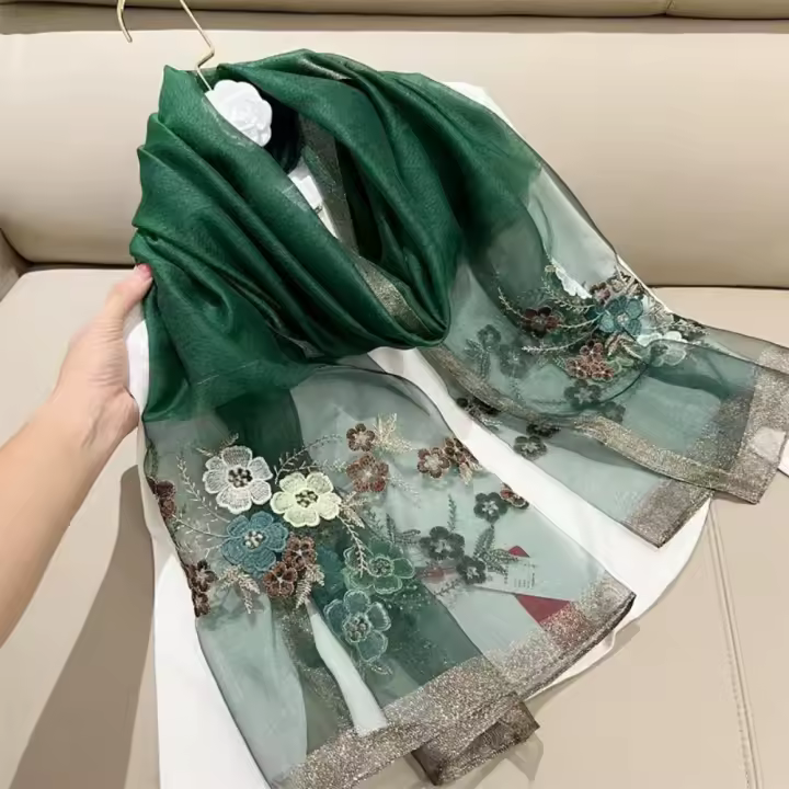 Bufanda de seda con bordado de flores, chales transparentes de estilo coreano, bufandas de malla para el cuello, pañuelo protector solar para playa - 1