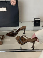 Pasarela tacones altos sandalias abiertas de satén con diamantes de imitación de lujo moda cabeza cuadrada zapatos de mujer versátiles - details 2