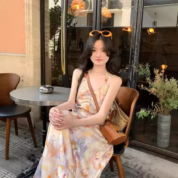 Pintura al óleo con estampado de cuello colgante para mujer, diseño de nicho de verano, vacaciones junto al mar en Francia, vestido largo floral de playa - 1