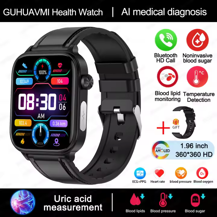 2024 Nuevo ECG + PPG Clase Médica 1,96 inch, 360*360 AMOLED Pantalla complete de HD táctil Smart Watch Azúcar en sangre, lípidos sanguíneos, temperature corporal, Llamada Bluetooth,IP68 a prueba de Agua Reloj Inteligente saludable para Android IOS - 1