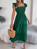 Escote cuadrado de verano con mangas anchas y pliegues, vestido informal de algodón transpirable para playa o uso diario, estilo bohemio - details 13