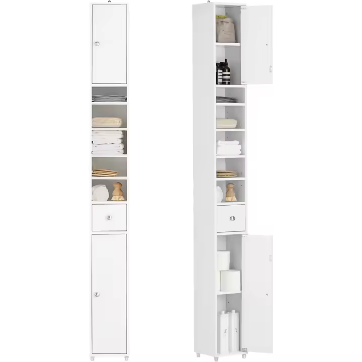 Mueble de Baño de Alto Estante Estanterías con 2 Puertas y Cajón Blanco Tamaño 20x20x180cm - 1