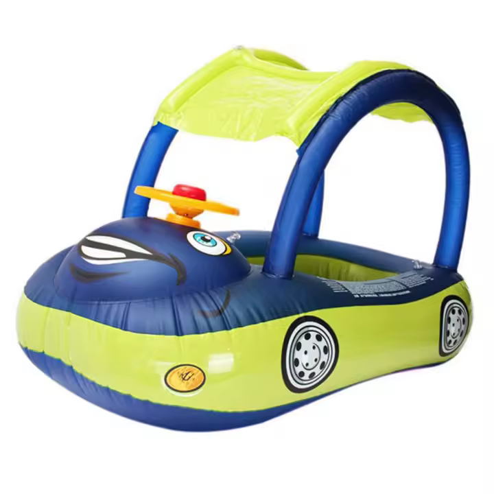 Flotador de piscina inflable para bebé con dosel, bote flotante de natación en forma de coche de PVC grueso con sombrilla para bebés y niños, juego de playa al aire libre de verano - 1