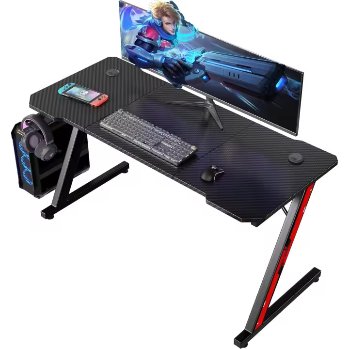 140 x 60 cm, Escritorio Gaming en Forma de Z Ergonómica, Mesa Gamer de Fibra de Carbono, Mesa para Ordenador con Portavasos y Gancho para Auriculares, Negro - 1