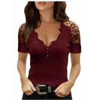 Blusa con cuello en V de color sólido, camiseta sexy de verano de manga corta para mujer, top con botones - details 3