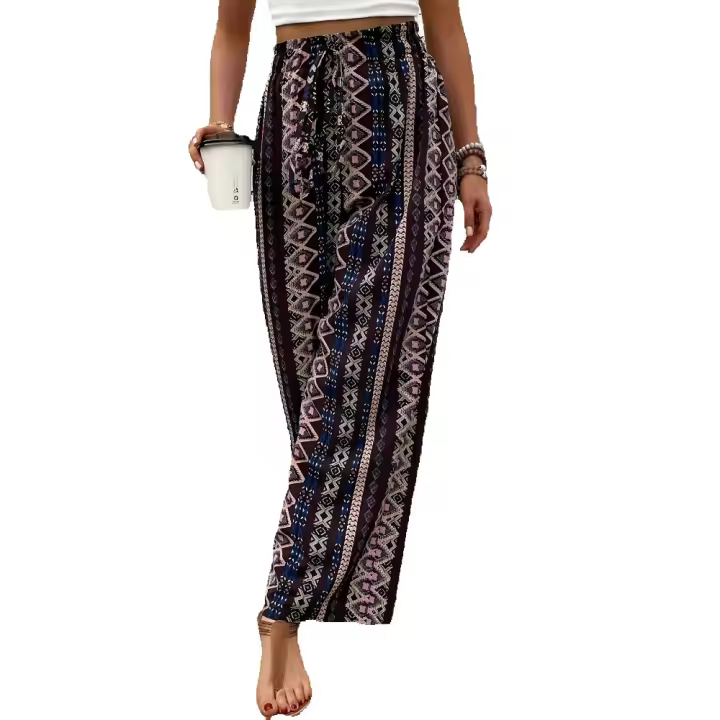Primavera verano nuevo boho étnico estampado vacacional suelto casual pantalones de pierna ancha - 1