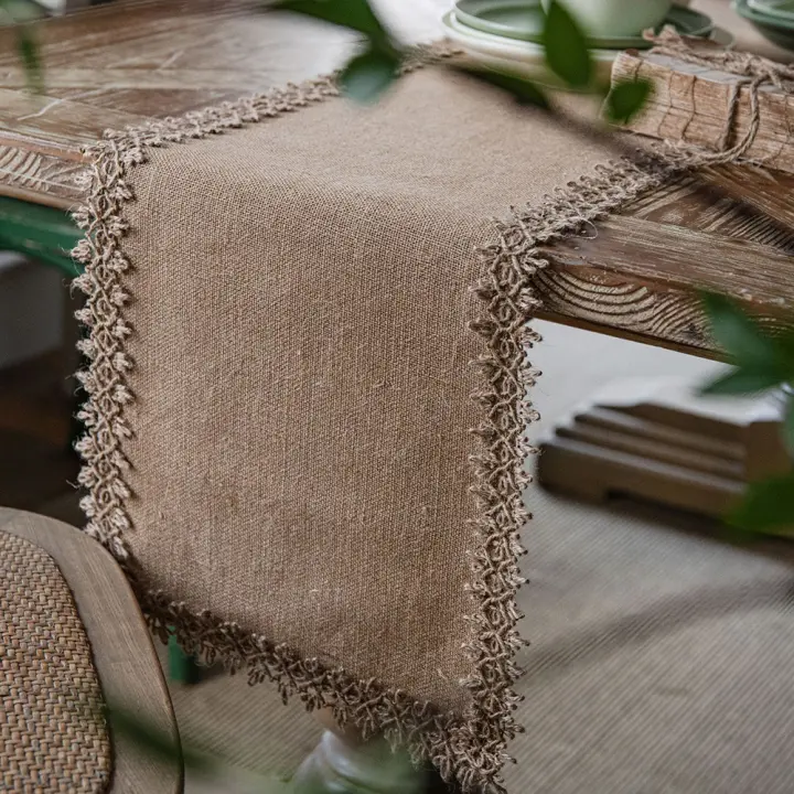 Mantel de Lineno con Encaje Decorativo Diseño Sólido Colorido para Comedor, Boda, Cocina - 1