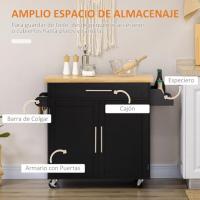 Carrito de Cocina con Armario con Puertas y Estante Interior Cajón Ajustable Barra y Especiero Móvil Aparador Auxiliar con Ruedas para Comedor 109x40x89 cm Negro - details 2