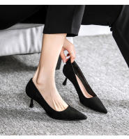 Tacones altos de mujer 2025 nuevo verano negro tacones delgados punta puntiaguda boca ligera gamuza profesional temperamento versátil solo zapatos de mujer - details 5