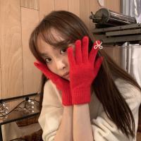 Preciosos guantes de punto con lazo de perlas y pantalla táctil, guantes de invierno de Color sólido con lazo para mujer, manoplas cálidas a prueba de viento para mujer - details 15