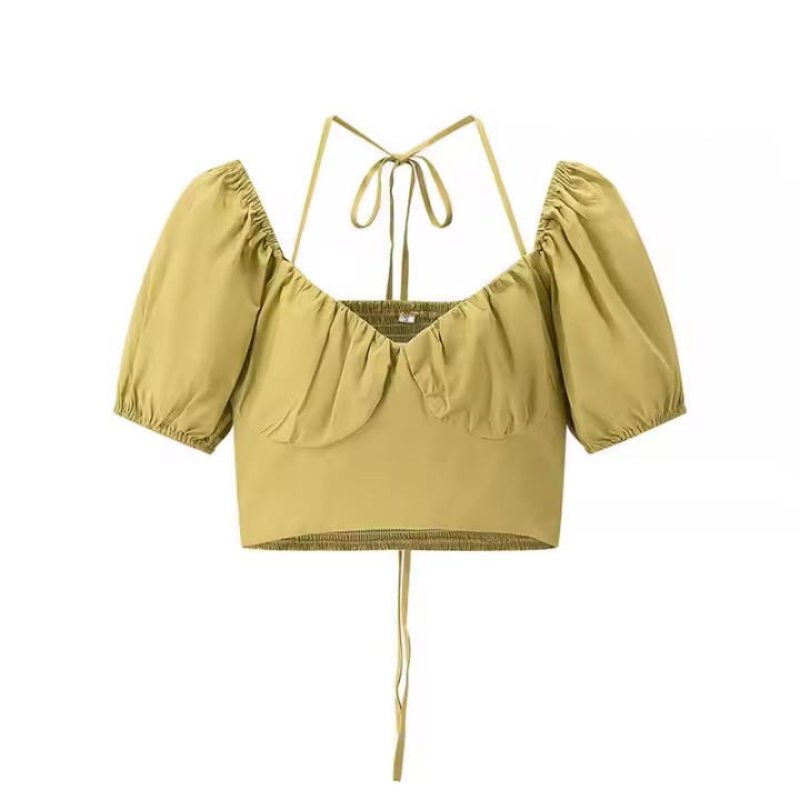 OUWU- Camisetas lisas empalmadas con solapa para mujer, túnica de manga corta con cuello cuadrado, camiseta con temperamento, estilo de moda femenina - 1