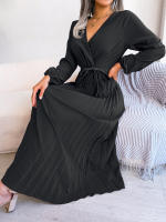 CDM Women Elegant V Neck Long Sleeve Pleated Maxi Dress - details 11