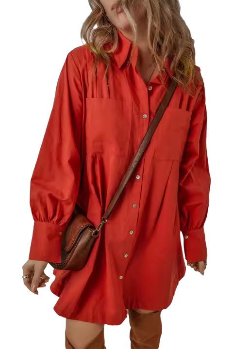 Elrachen Mini vestido camisero para mujer con mangas obispo, detalle plisado, frente con botones, rojo tomate, tallas S-XL - 1