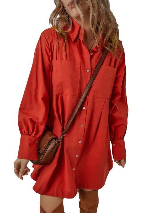 Elrachen Mini vestido camisero para mujer con mangas obispo, detalle plisado, frente con botones, rojo tomate, tallas S-XL - 1