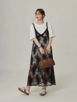 Vestido de encaje negro transparente de una pieza para mujer, vestido Midi sin mangas con cuello en V, estilo coreano, a la moda, para primavera y verano - details 2