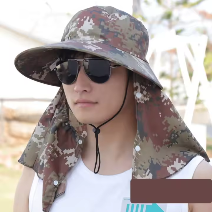 Moda camuflaje hombre sombrero para el sol algodón escote máscara cubierta cara gorra máscara jardín trabajo sombrero pesca al aire libre senderismo - 1