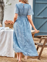 Vestido Maxi de Verano Elegante Cuello en V, Manga Abullonada, Cintura Alta, Encaje, Vestido de Moda para Mujeres con Abertura de Rodilla - details 5