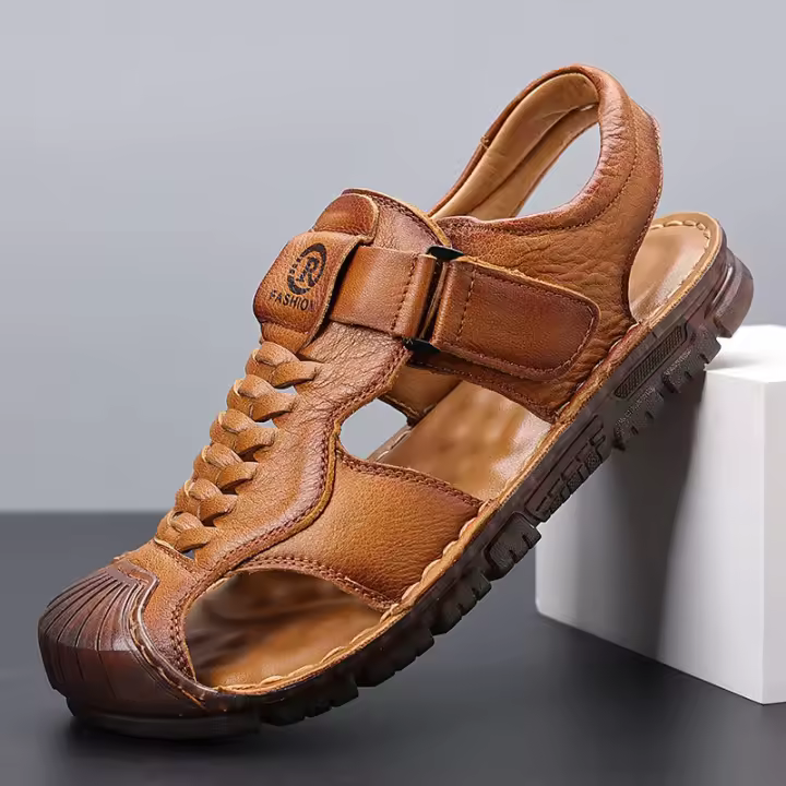 Primera capa de cuero de vaca sandalias de los hombres de la bolsa de la cabeza de verano desgaste casual zapatos de playa de los hombres antideslizante de suela suave hueco zapatillas de los hombres - 1