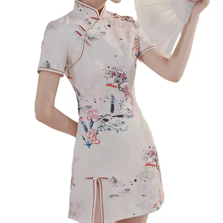 Vestido Elegante de Verano 2025 Estilo Chino con Botón de Rana y Estampado de Flor Blanca - 1