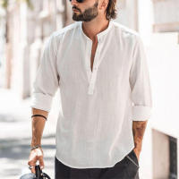 Camisa de lino de manga larga para hombre, camiseta de lino suelta, top informal, color sólido, camisa de verano regular - details 3