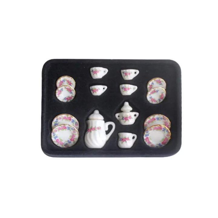 Juego de té en miniatura para casa de muñecas de cerámica, vajilla, tetera, casa de muñecas, modelo de taza, bandeja, juego de tazas de té de porcelana en miniatura con flores - 1