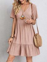 Vestido Sexy con volantes y cuello en V para mujer, vestido veraniego holgado Vintage bohemio informal liso para fiesta en la playa - details 3