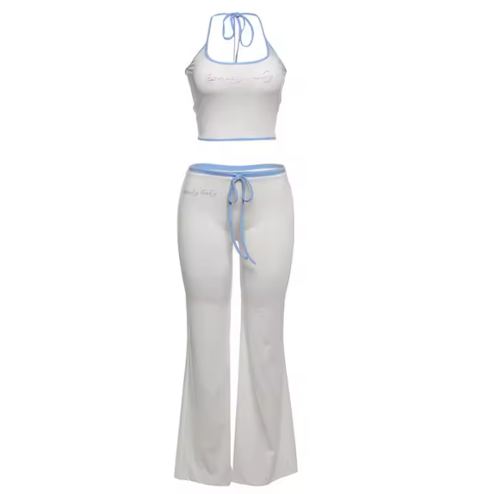 BUNO-Conjunto de 2 piezas con estampado de letras de gato extraño para mujer, Tops cortos ajustados con cuello Halter + pantalón acampanado elástico con cordón, trajes sencillos informales para vacaciones - 1