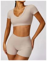 Conjunto de mallas de yoga, top, conjunto deportivo Fiess de manga corta, material de nailon para mujer, patrón sólido adaptable para primavera/verano - details 16