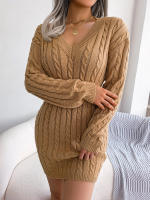 Knitted Sweater Dress For Women  Autumn Winter Long Sleeve Slim Waist Knitwear Clothes White Blue Khaki - details 2