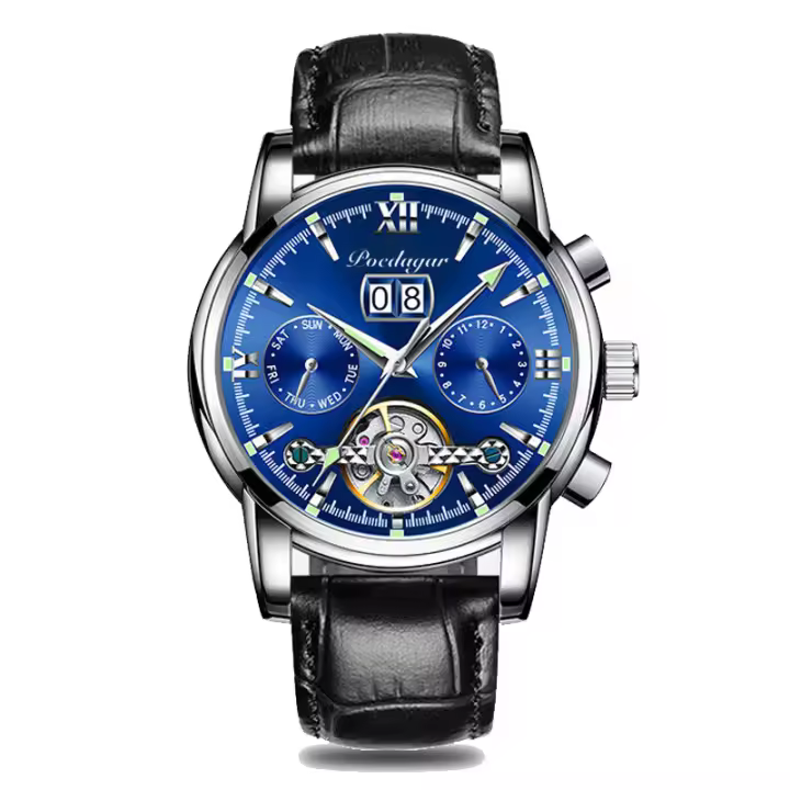 Boda berenjena nuevo reloj mecánico automático multifunción impermeable para hombres reloj luminoso hueco calendario de acero inoxidable para hombres con - 1