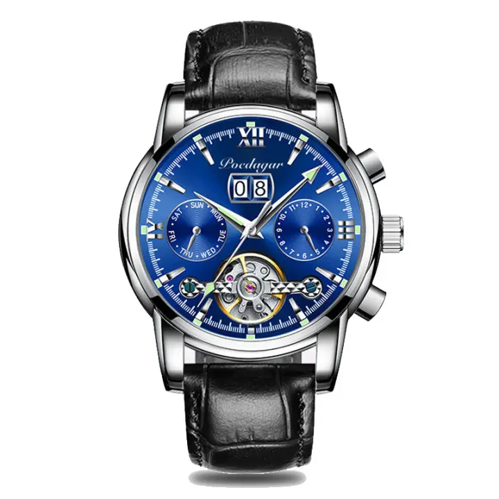 Boda berenjena nuevo reloj mecánico automático multifunción impermeable para hombres reloj luminoso hueco calendario de acero inoxidable para hombres con - 1