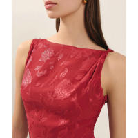 Elegante Vestido Largo con Cintura Alta y Pliegues Manga sin Aros, Cuello en V, Estampado Amarillo - details 4