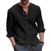 Primavera/otoño nuevo estilo camisa de hombre tendencia de moda cuello alto algodón cáñamo botón Casual cómodo camisas de manga larga para hombres - details 0