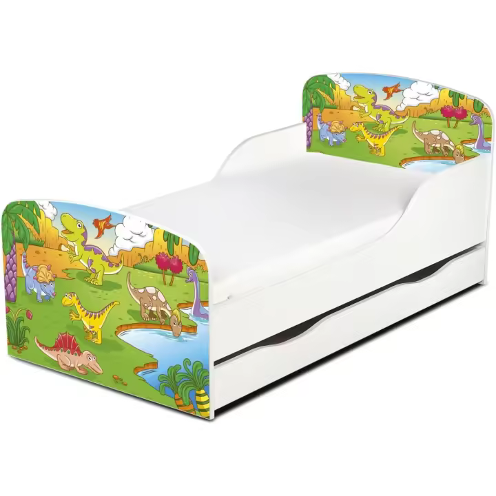 Cama Infantil Completa de Madera - Dino - Marco de Cama, Colchón y Cajón, Somier, Blanco Muebles para Niños, Dormitorio Moderno, Espacio para Dormir: 140/70 - 1