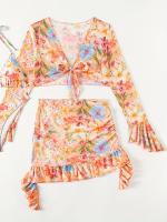 Bikini de 4 Piezas con Estampado Floral Top Halter con Escote en V Alto y Mangas Largas Camisa de Cubrir y Falda para Mujeres Moda - details 2