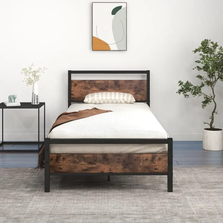 Base de cama con plataforma metálica de 90 x 200 cm con cabecero y estribo de madera, soporte de acero resistente, no necesita somier, fácil montaje, color negro - 1