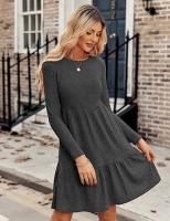 Vestido de manga larga con suéter hasta la rodilla informal con bolsillo y cuello redondo para mujer - details 24