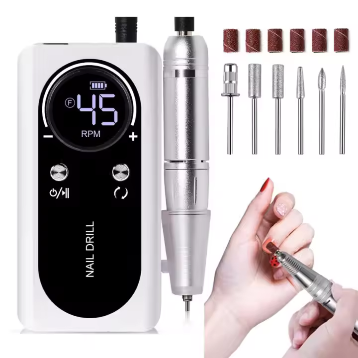 Taladro de Uñas Eléctrico 45000RPM Recargable Juego de Brocas para Uñas con 6 Brocas y Banderas de Afilar - 1