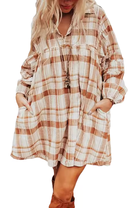 Elrachen Mini vestido babydoll con volantes y bolsillos laterales con estampado de cuadros para mujer, marrón, tallas S-XL - 1